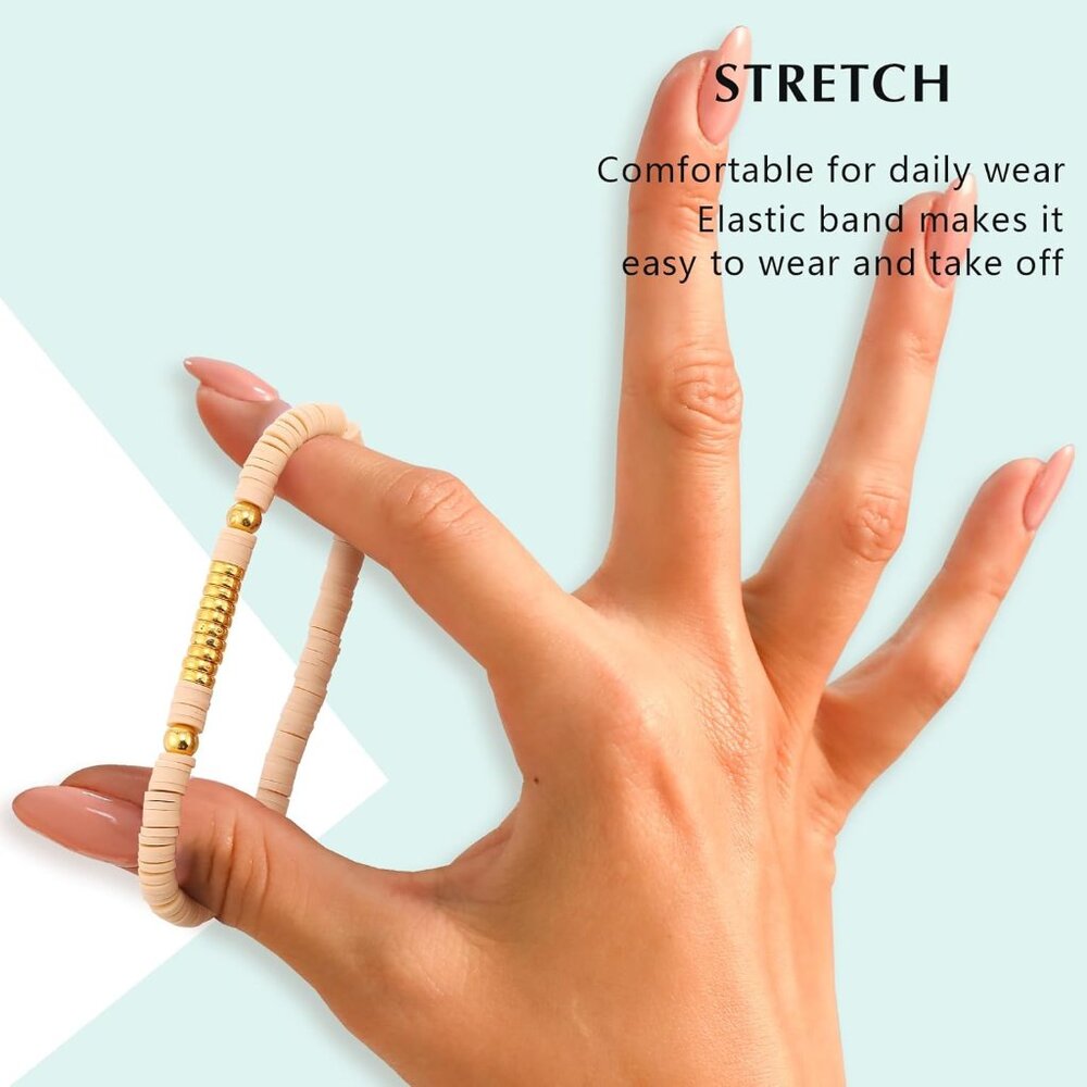 Friendship Bracelets Trendy Heishi Clay Bead Bracelets Stack Gold Beaded Stretch - Picture 4 of 7